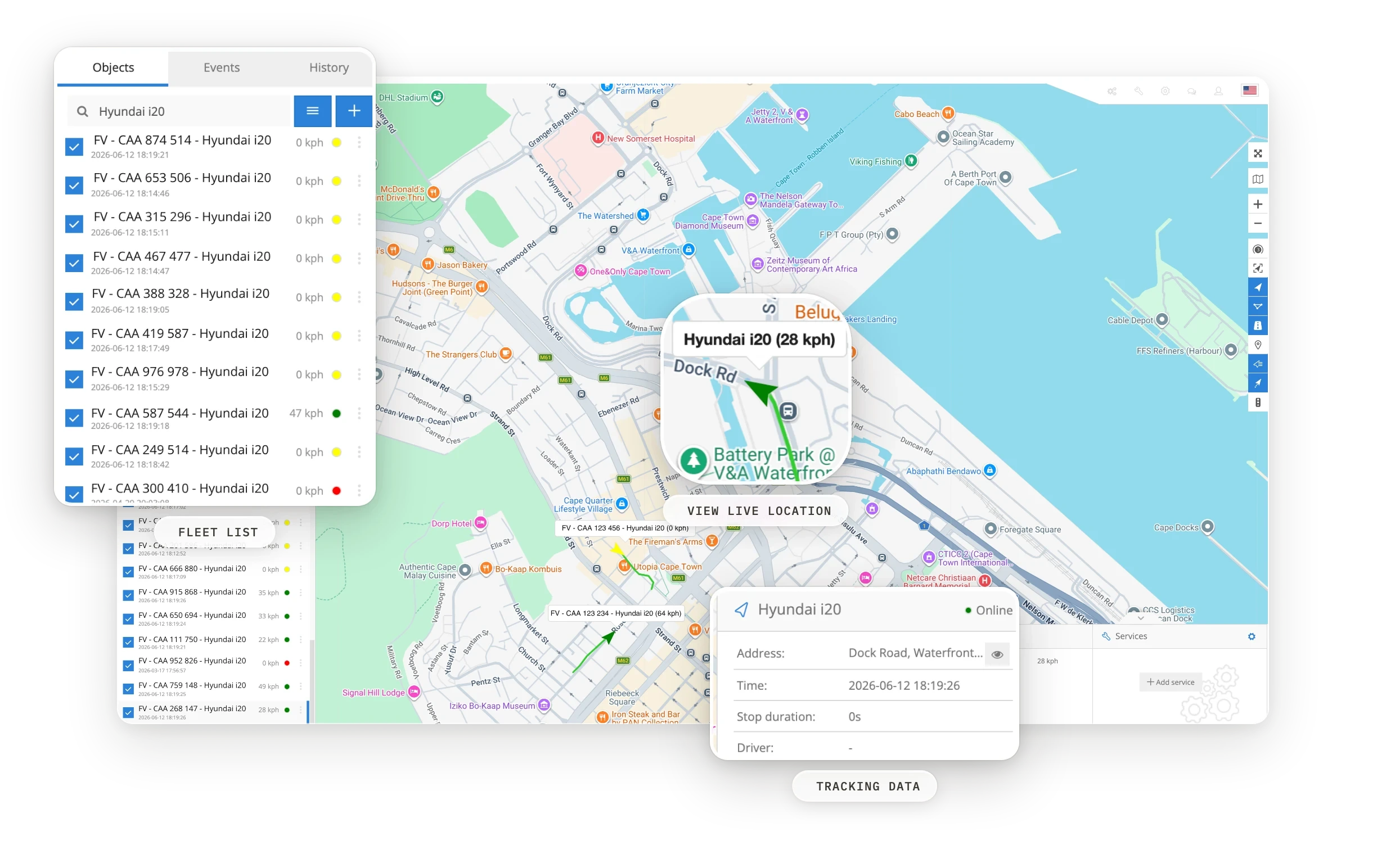 The Tracking Co web platform tracking a Cape Town fleet live — a vehicle selected on the map showing its address, online status and timestamp, with the fleet vehicle list alongside
