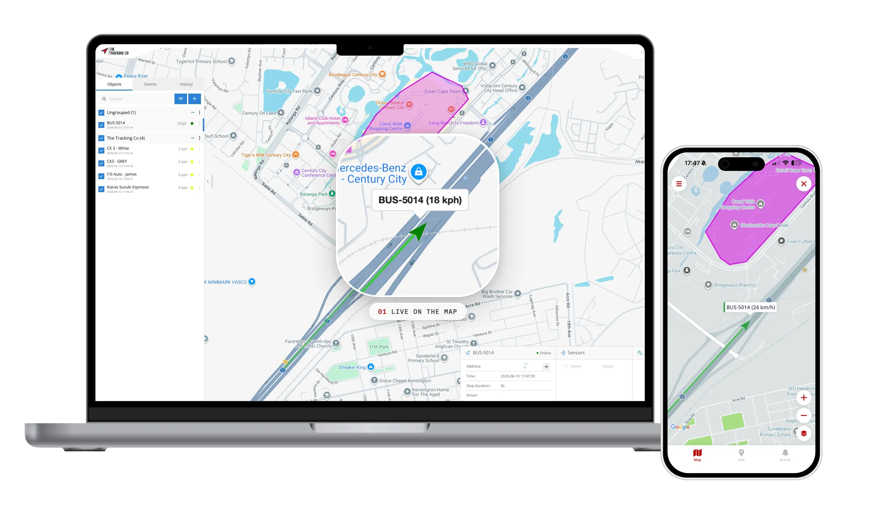 The Tracking Co platform on laptop and mobile — live map tracking a vehicle's real-time location and speed
