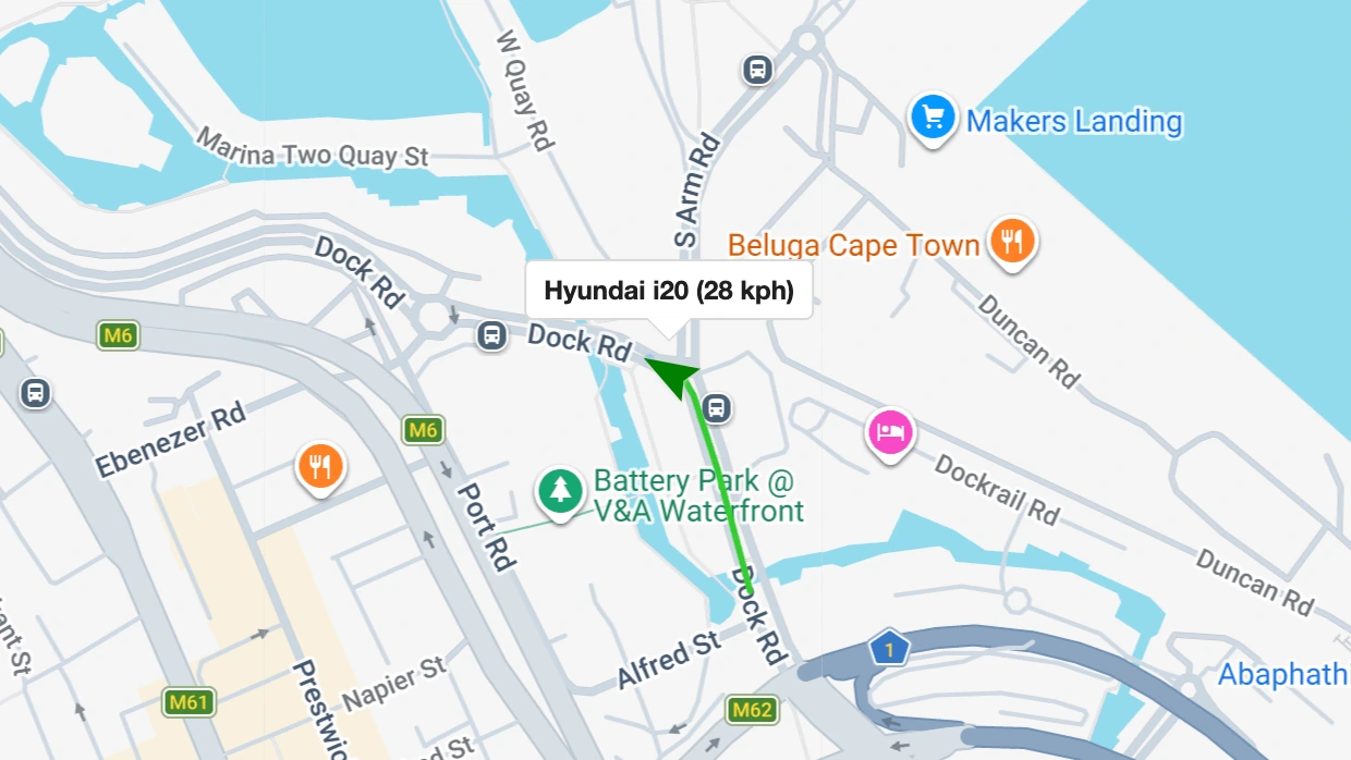 Live vehicle tracking view showing a Hyundai i20 on the map near the V&A Waterfront with its current speed of 28 km/h