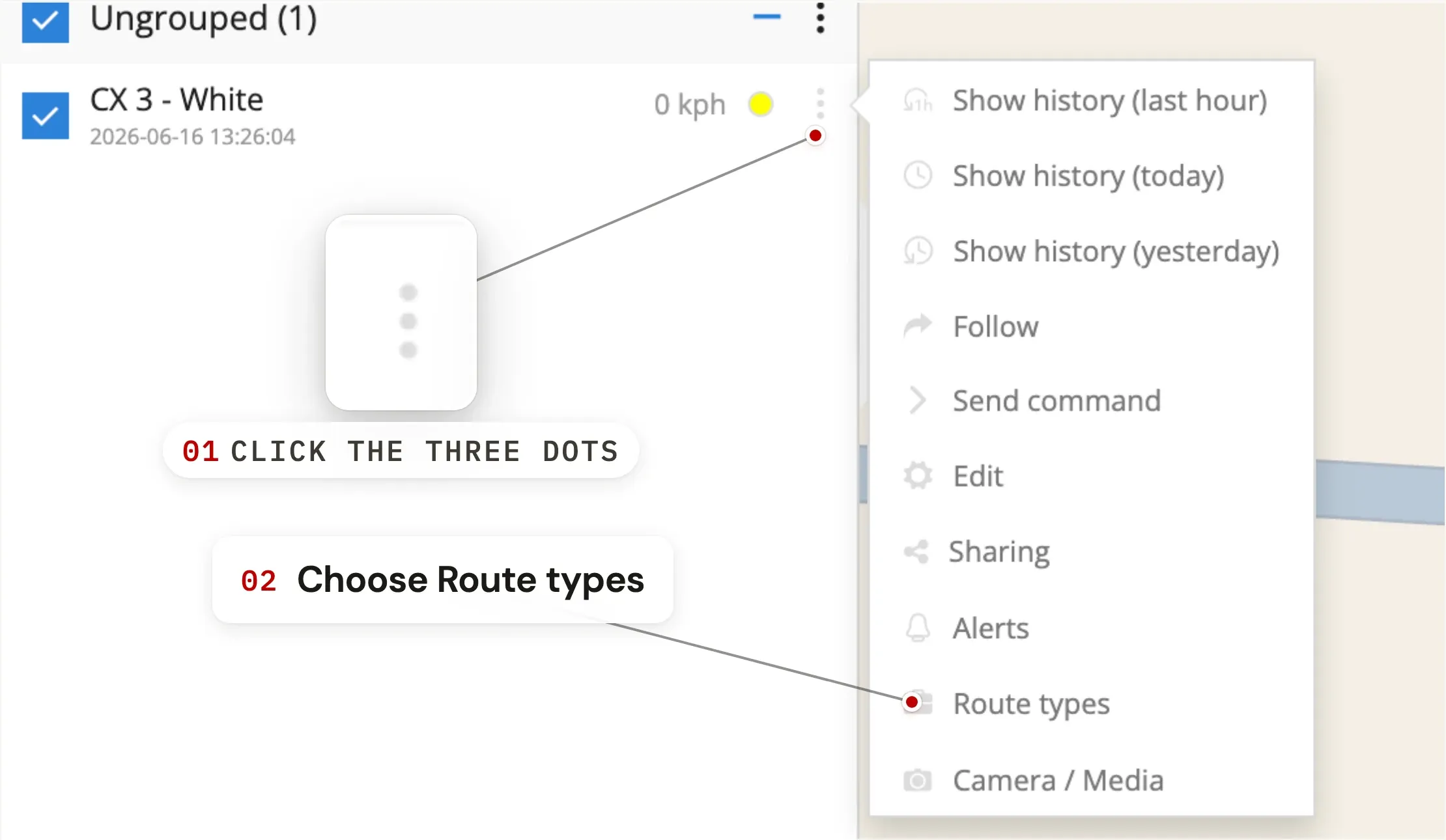 Open the vehicle and find Route types — step 2