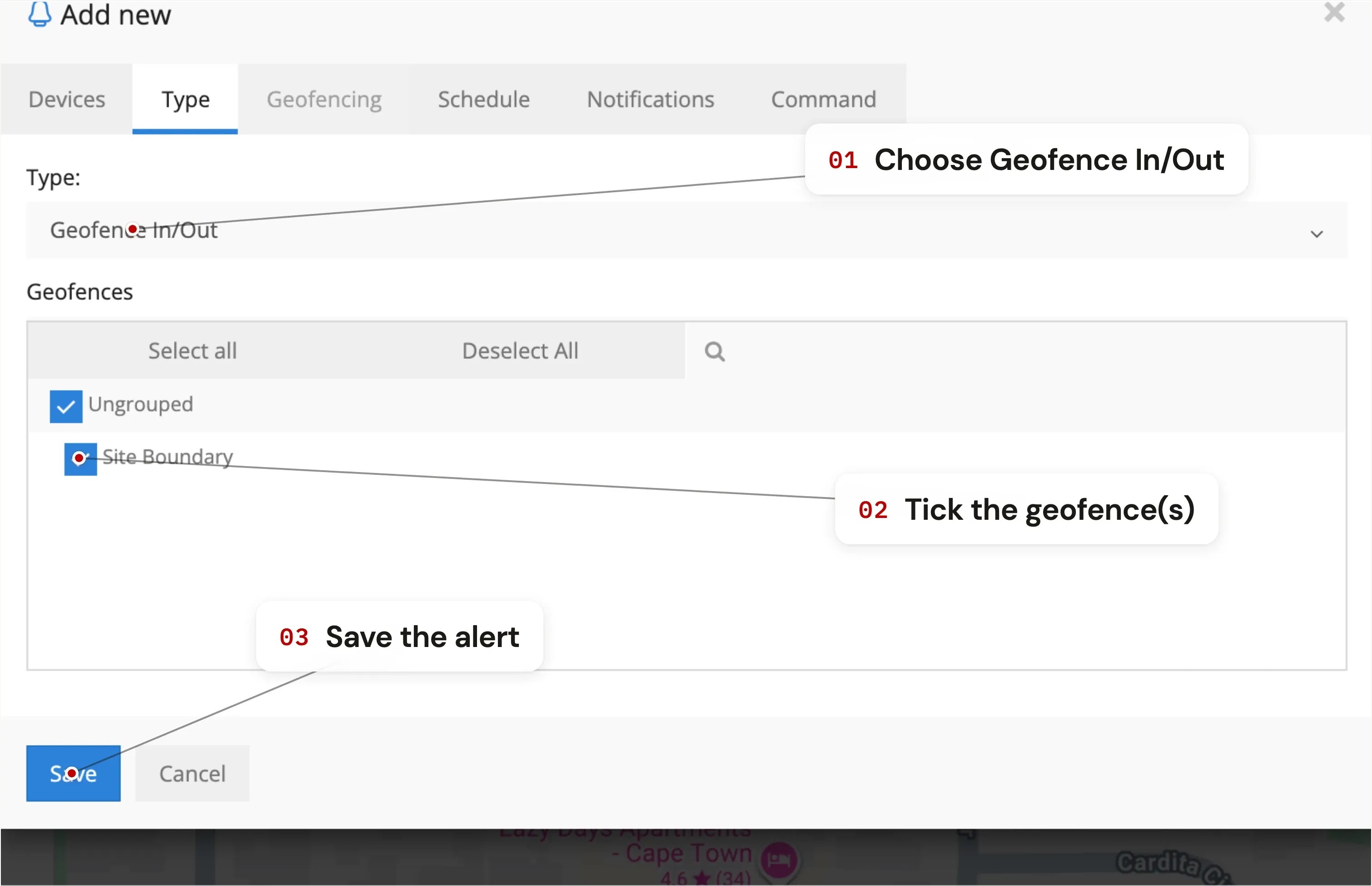 Wire the geofence to an alert — step 6