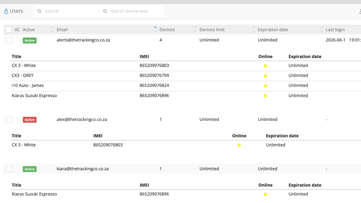 Multi-vehicle fleet dashboard with vehicle statuses and sub-account user management