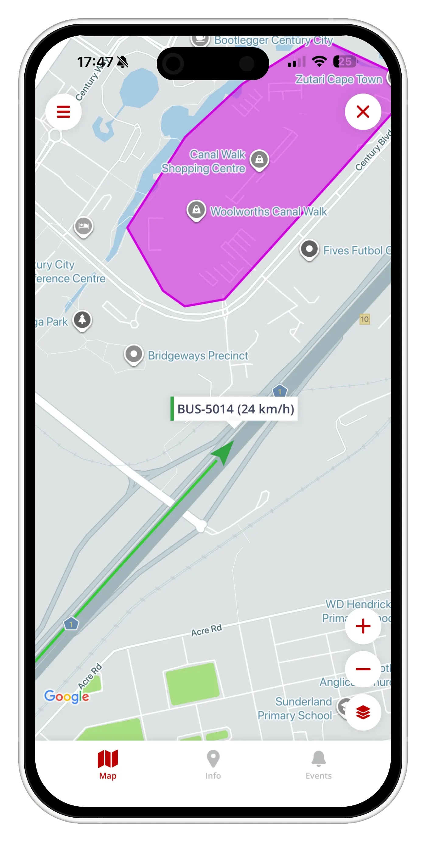The Tracking Co mobile app showing a vehicle's live location on a map near Table Bay